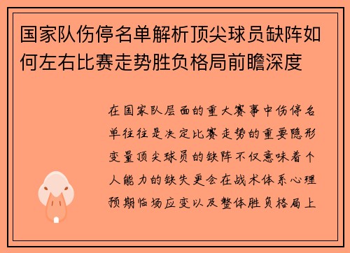 国家队伤停名单解析顶尖球员缺阵如何左右比赛走势胜负格局前瞻深度